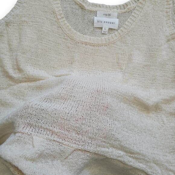 Blue Pepper Knit Acrylic Peplum Crop Top Tank Top Cream Women Sz L - Picture 7 of 7